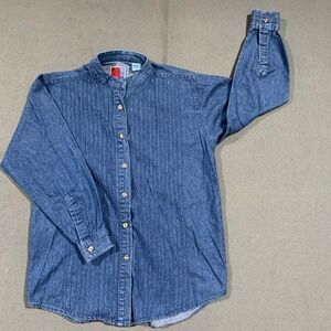 VTG 80s Denim Shirt Womens Small Button Up Long Sleeve Blue Boho Pleated Western